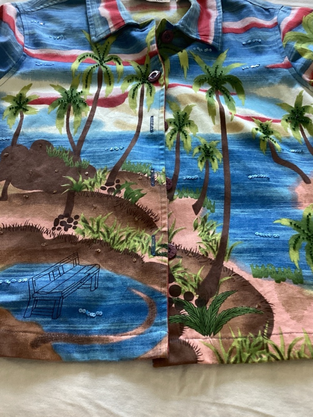 Tropical Palm Print Button-Up Jacket in Blue, Green, Pink Life Style Brand - Picture 6 of 9